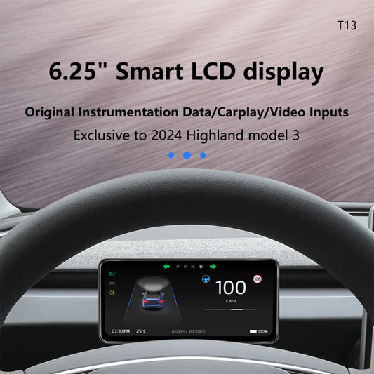 YICER Display Screen Dashboard for 2024+ Tesla Model 3 Highland - 6.25” IPS Touchscreen with Wire Carplay, Android Auto, AC Control Seat Heating(T13)