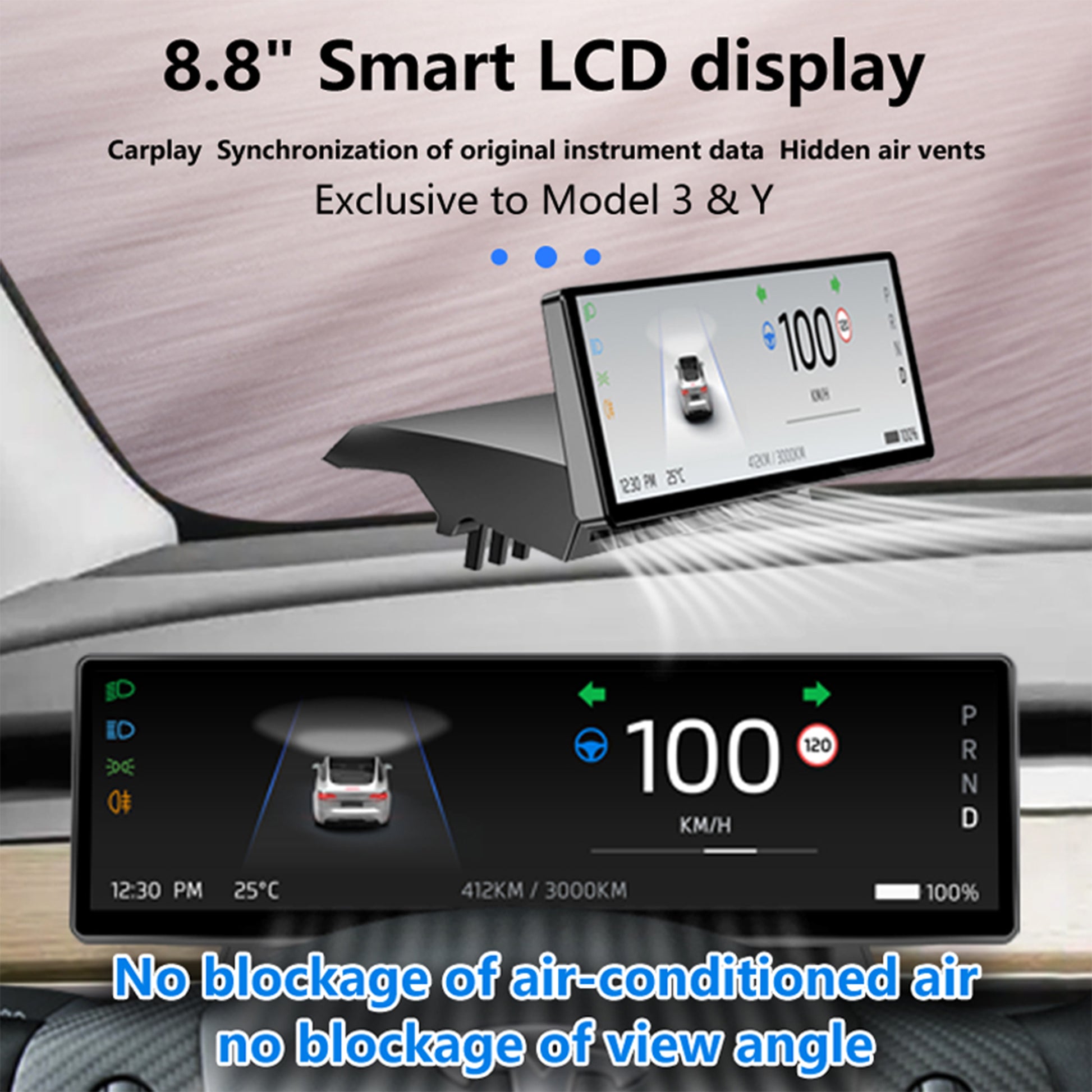 YICER Display Screen Dashboard for Tesla Model Y Model 3, 8.8'' IPS Touchscreen with Wire Carplay, Android Auto, AC Control Seat Heating, T3Pro