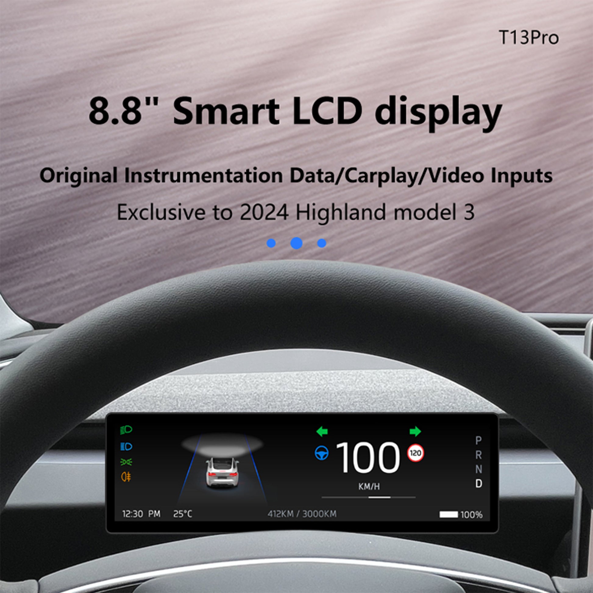 YICER 8.8'' Display Screen Dashboard for 2024+ Tesla Model 3 Highland - IPS Touchscreen with Wire Carplay, Android Auto, AC Control Seat Heating (T13PRO)