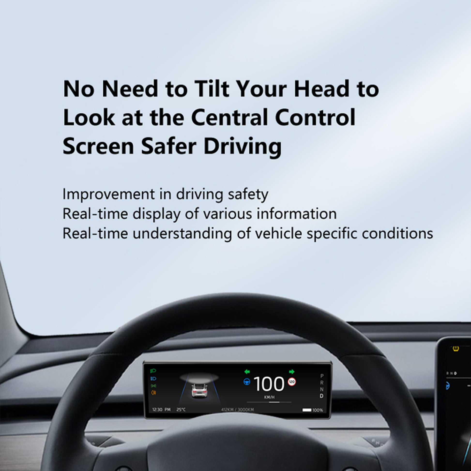YICER 8.8'' Display Screen Dashboard for Tesla Model Y Model 3, IPS Touchscreen with Wire Carplay, Android Auto, AC Control Seat Heating, 1280x320 （T12pro）