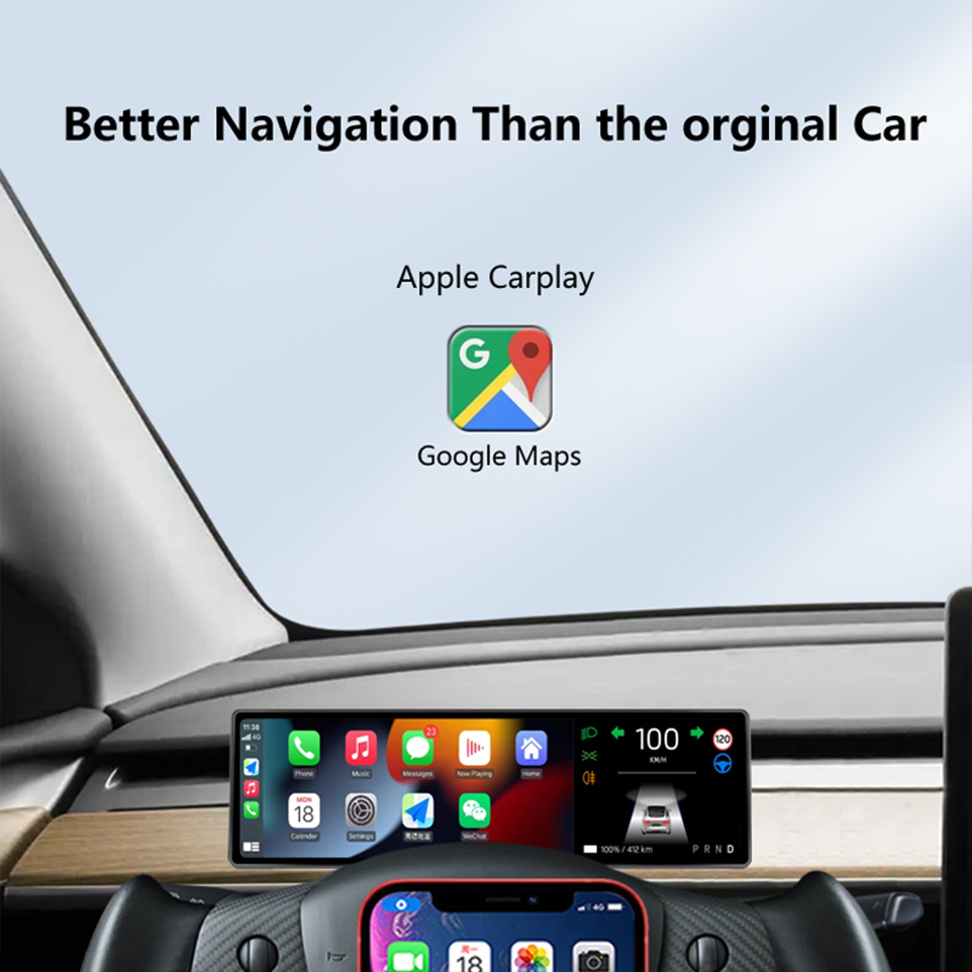 YICER 8.8'' Display Screen Dashboard for Tesla Model Y Model 3, IPS Touchscreen with Wire Carplay, Android Auto, AC Control Seat Heating, 1280x320 （T12pro）